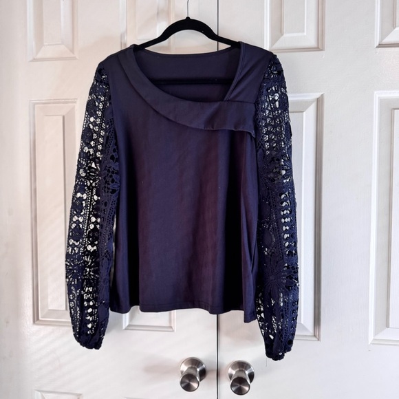 SHEIN Tops - Navy Long Sleeve Top with Crochet Lace Sleeves Size XL